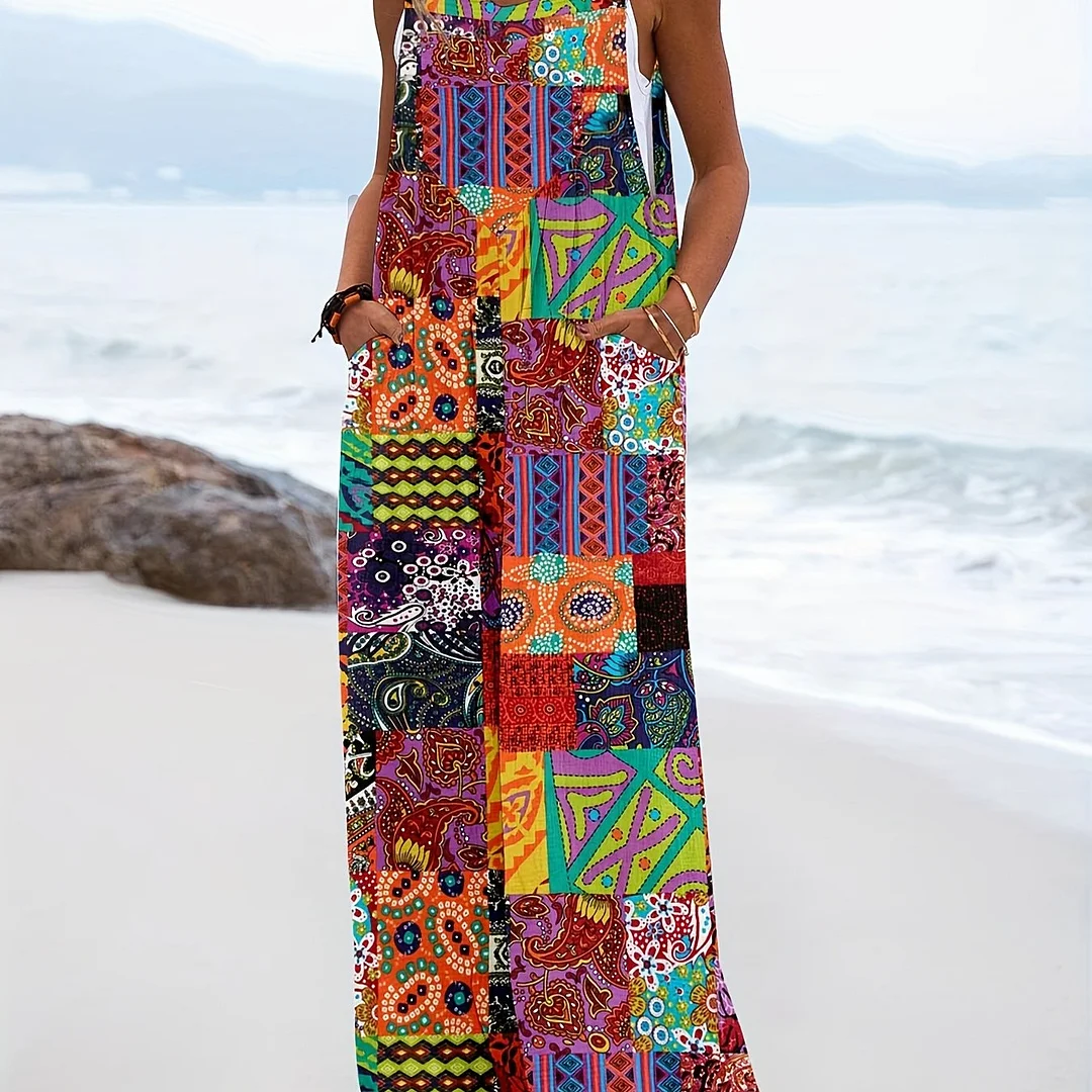 Hippie Patchwork Ethnic Print Jumpsuit, Random Print Sleeveless Casual Wide  Leg Jumpsuit, Women's Clothing