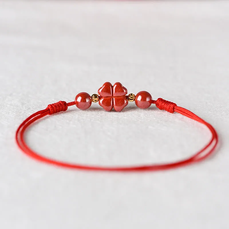 Four Leaf Clover Cinnabar Blessing Calm String Bracelet Anklet