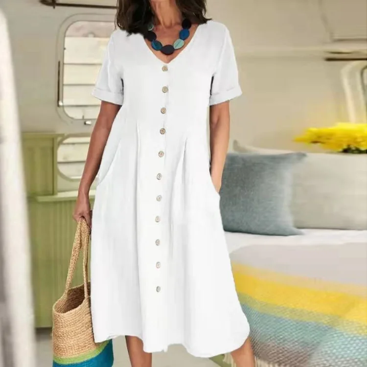 Solid Loose Fitting High Waisted Cotton Linen Dress