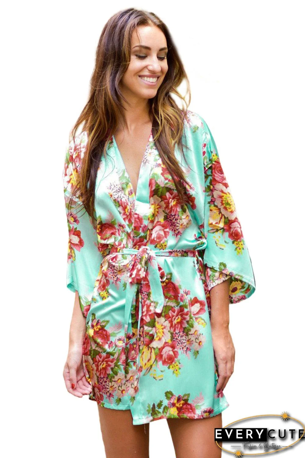 Green Floral Bundles Robe with Belt