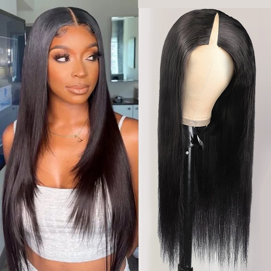 Straight V Part Wig Human Hair No Leave Out Middle Part Glueless U Part Wig 180 Density Peruvian Human Hair Long Wigs for Women US Mall Lifes