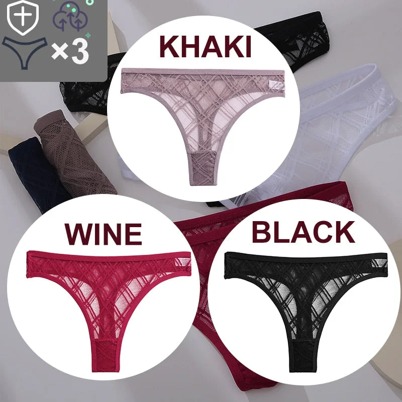 FINETOO 3PCS/Set Sexy Floral Transparent Women Thongs G-string Lingerie Lace Panties Low-Waist Femme Girls Briefs Mesh Pantys