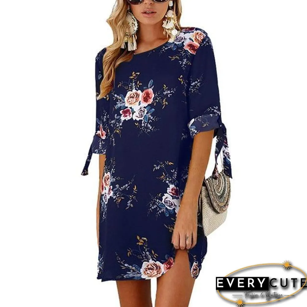 Women Chiffon Floral Print Mini Dress Boho Beach Half Sleeve Elegant Dress Black Dresses