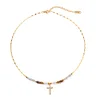 Elegant Brown Beads Pearls Cross Golden Necklace