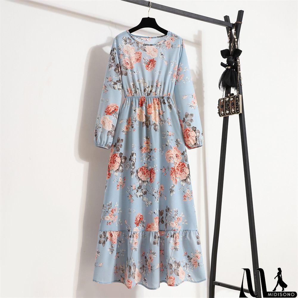 MidiSono - Women Fashion Casual Floral Print Round Neck Long Sleeve Maxi Dress