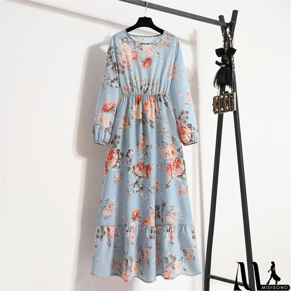 MidiSono - Women Fashion Casual Floral Print Round Neck Long Sleeve Maxi Dress