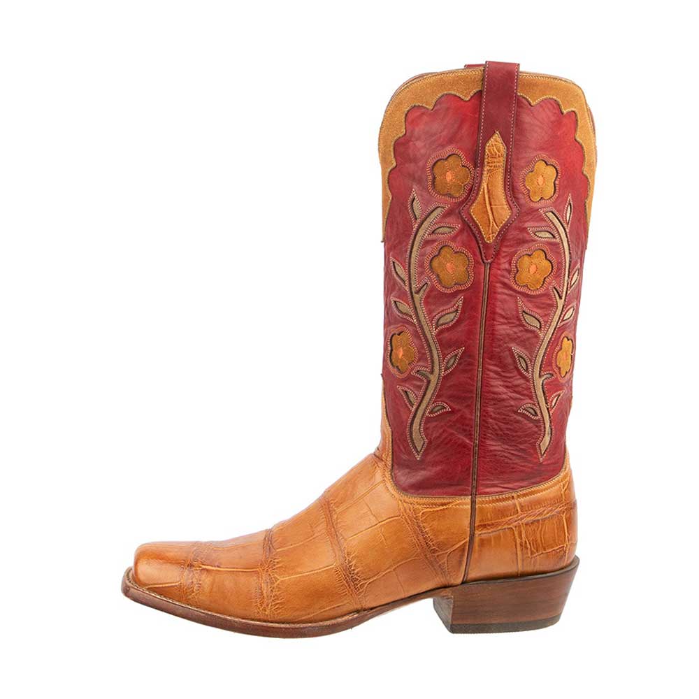 Tan & Red Square Toe Floral Inlay Mid-Calf Western Boots for Women Nicepairs