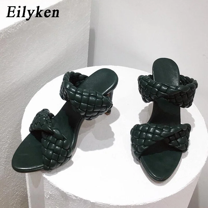 Eilyken Fashion Woman Handmade Weave Knitted Slippers Lady Crossover Open Toe Thin Heels Party Sandals White Black Blue size 42