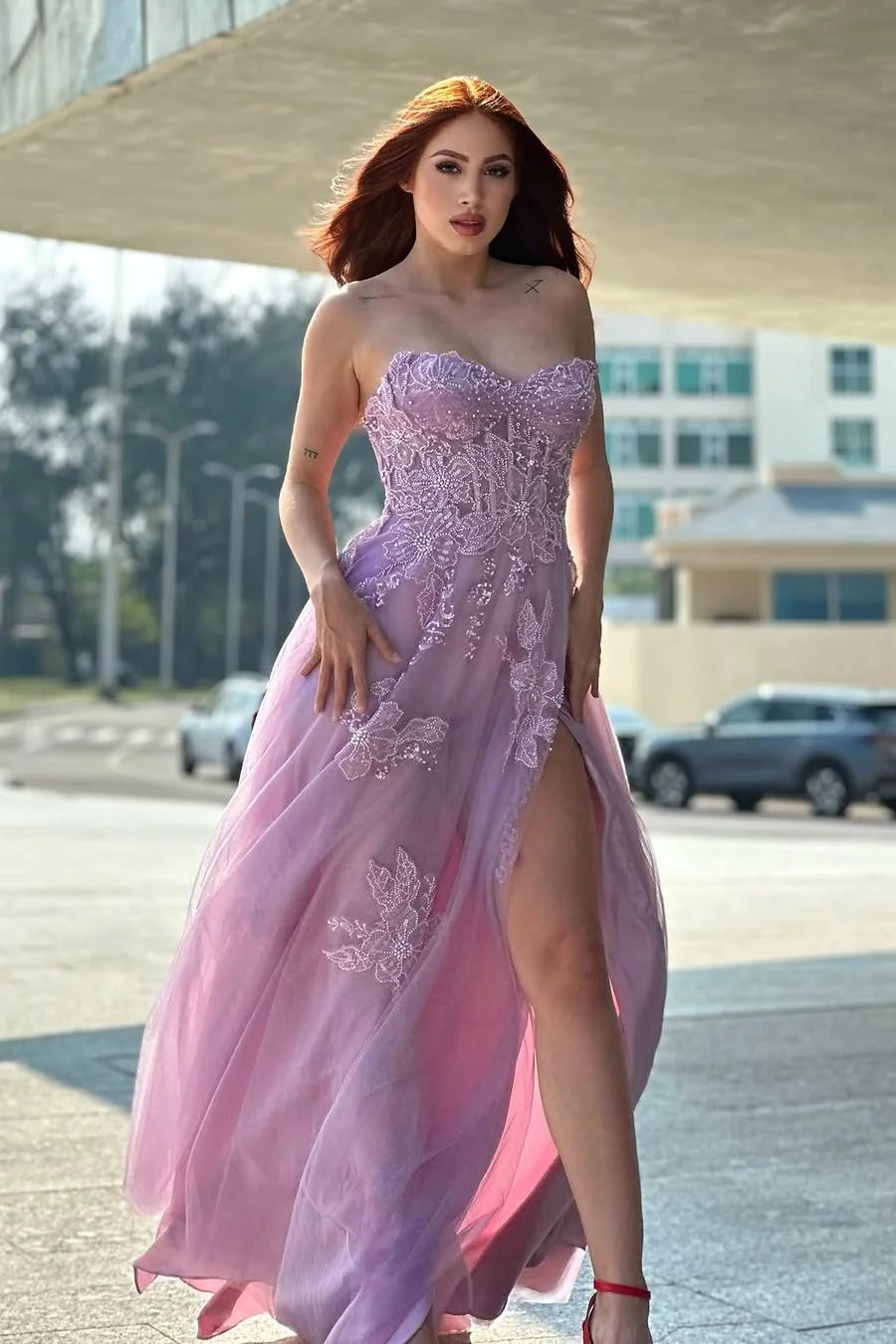 Miabel Beautiful Wisteria Tulle Sweetheart Sleeveless Applique Long Prom Dress with Split 