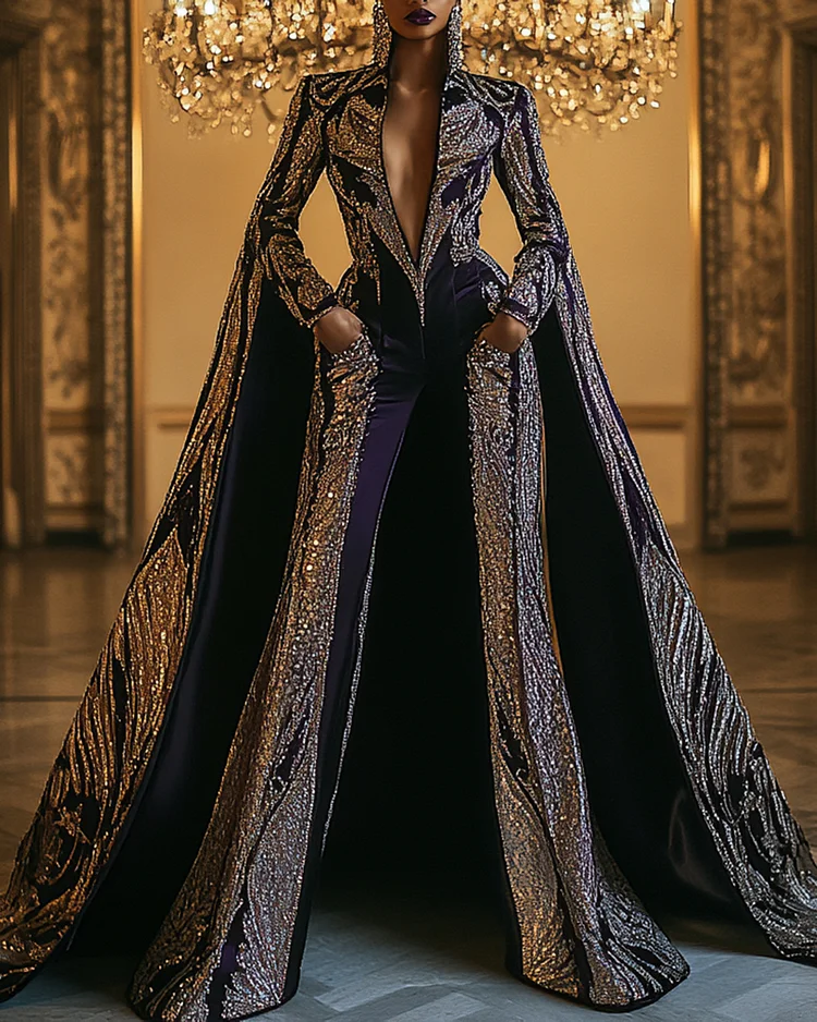 Women's V-neck long-sleeved embroidered sequins Jumpsuit