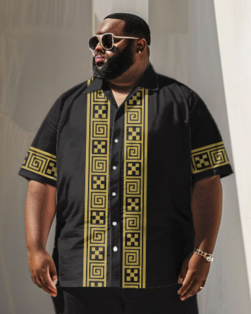 Men's Plus Size Business Greek Key Geometric Print Short Sleeve Shirt Suit