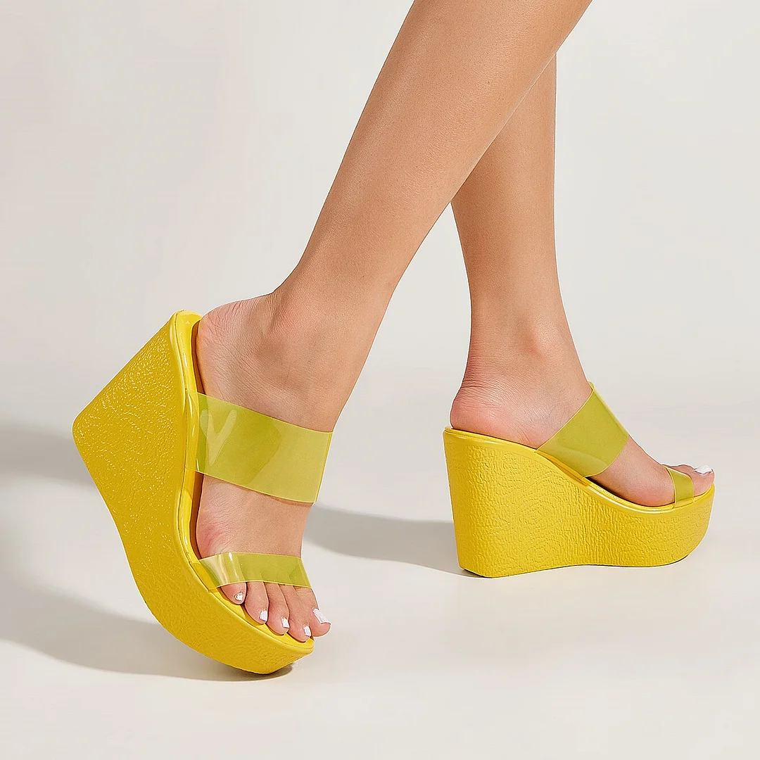 Qengg Wedges Slippers For Women High Heels Open Toe Clear PVC Yellow Shoes Comfy Casual Brand New Summer Hot Sale 2022