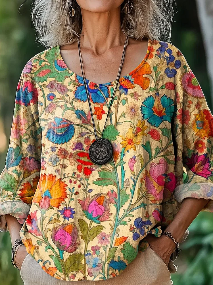 Women's Vintage Floral Art Print Casual Cotton And Linen Shirt