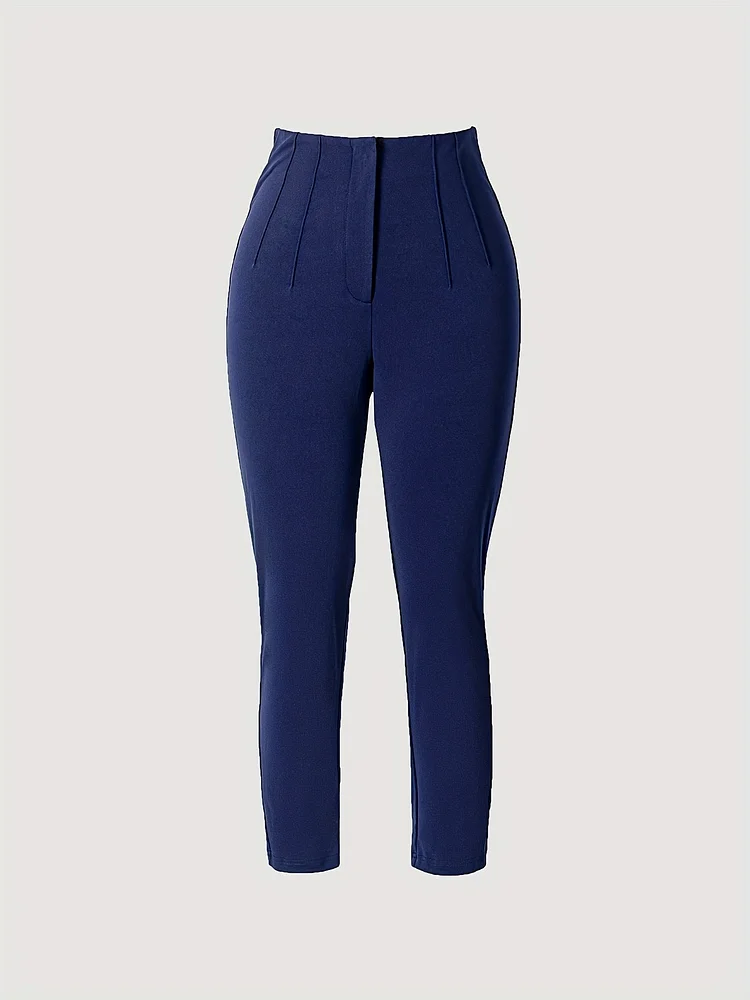Women's High-Waist Slim-Fit Navy Blue Pants - Stretchy Polyester Blend, Casual Style, Perfect For Summer Commute Or Casual Attire, Ladies Pant
