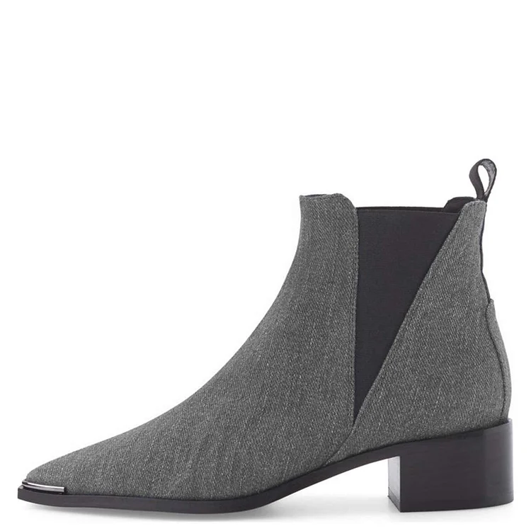 Grey Denim Pointy Toe Chelsea Chunky Heel Ankle Boots Vdcoo
