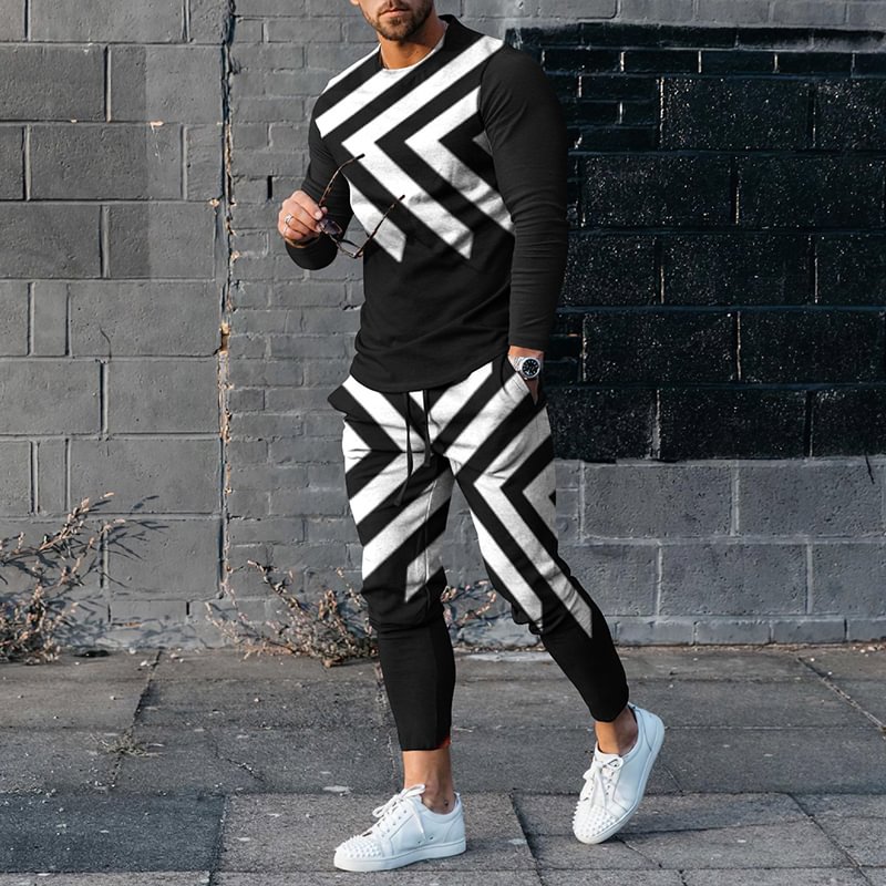 Men'S Abstract Line Casual Long Sleeve T-Shirt And Pants Co-Ord