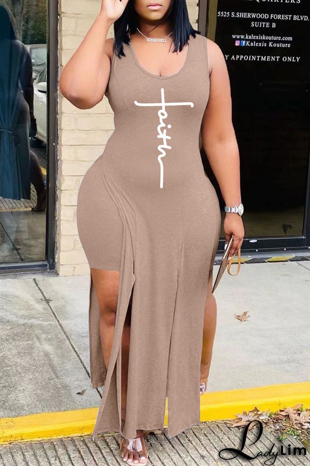 Grey Fashion Sexy Print Slit Vests U Neck Sleeveless Two Pieces