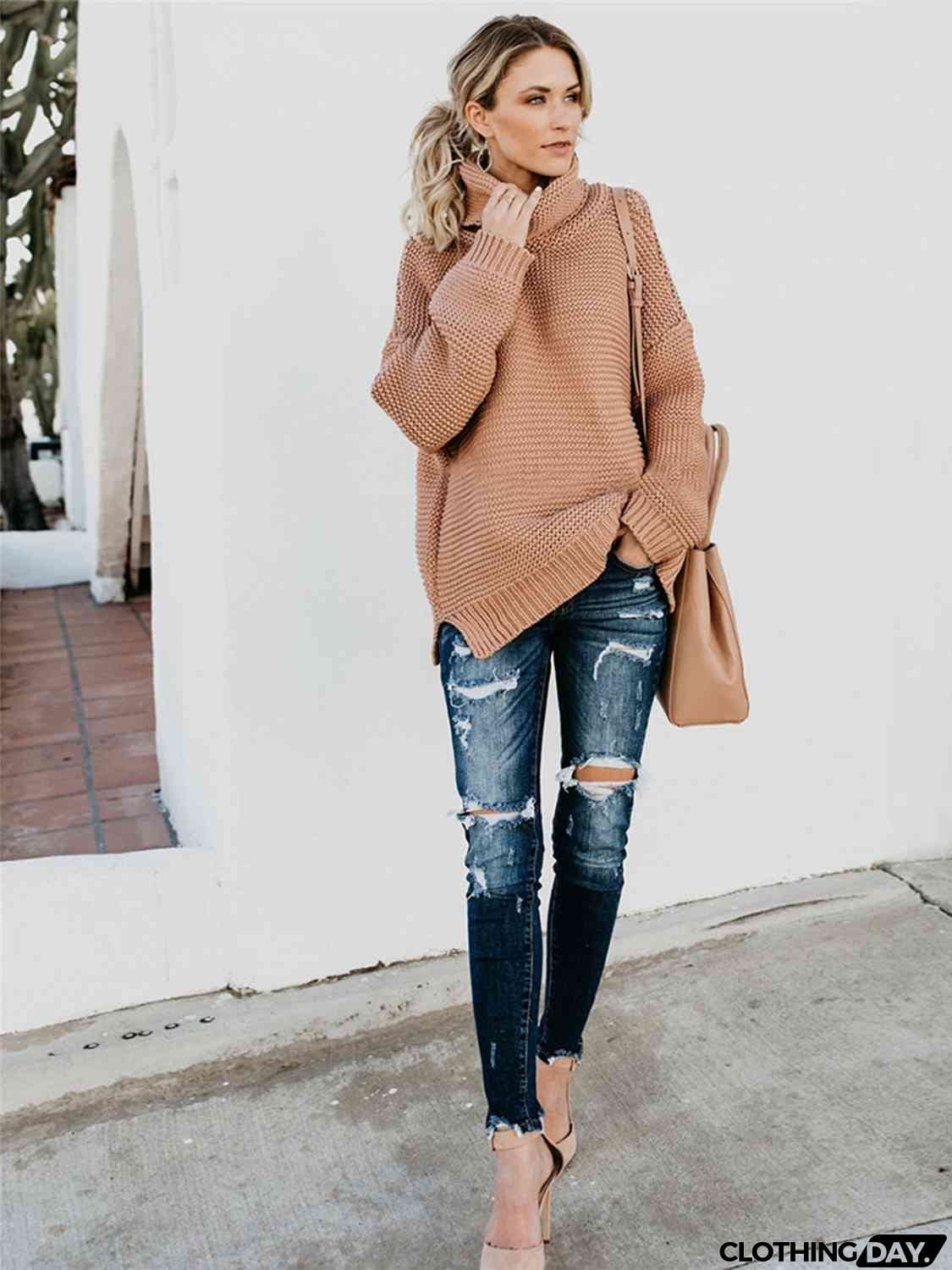 Turtleneck Dropped Shoulder Slit Sweater