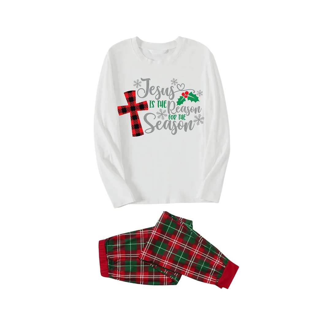 Christmas "Jesus is the Reason of the Season" Letter Print Patterned White Long Sleeve with White&Red&Green Plaid Pants Family Matching Pajamas