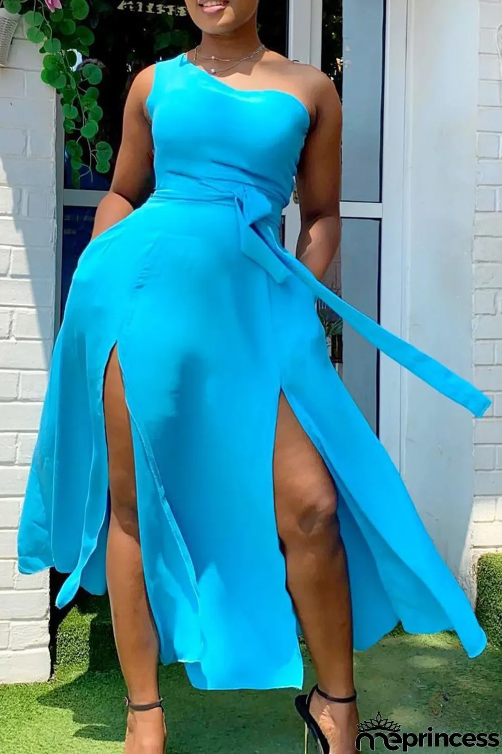Sky Blue Sweet Solid Patchwork High Opening One Shoulder Vest Dress Dresses