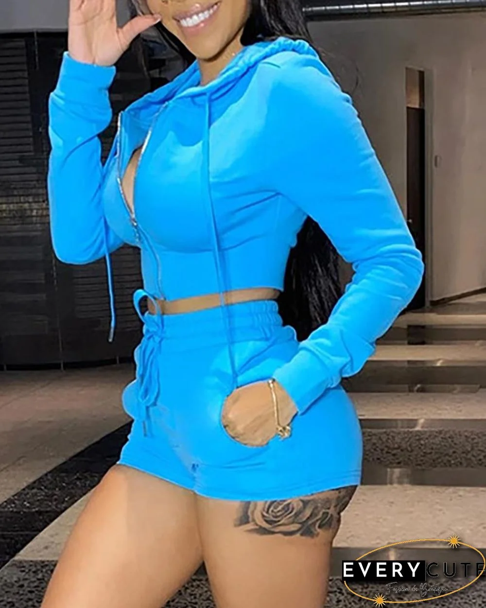 Zip Hooded Crop Top & Drawstring Shorts Set