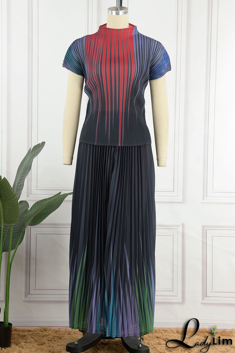 Apricot Casual Elegant Gradual Change Print Patchwork Fold O Neck Short Sleeve Two Pieces