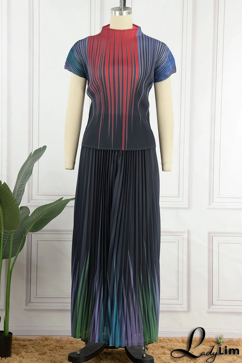 Apricot Casual Elegant Gradual Change Print Patchwork Fold O Neck Short Sleeve Two Pieces