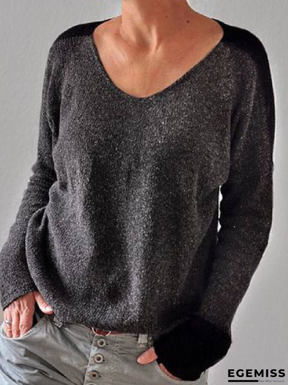 Black Casual V Neck Long Sleeve Sweater | EGEMISS