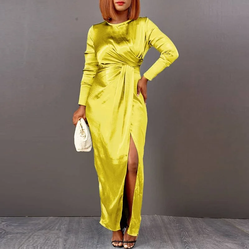 Spring Autumn Long Sleeve Sundress VONDA Women Sexy High Slit Robes Satin Silk Vestidos Femme Holiday Pleated Long Sundress 2022