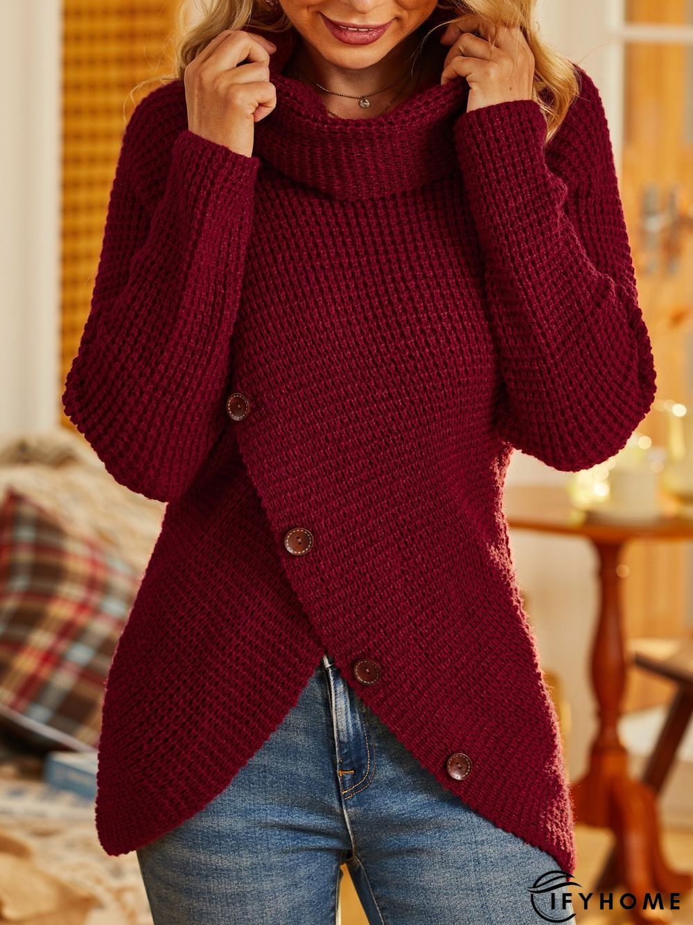 Solid Cowl Neck Long Sleeve Casual Sweater | IFYHOME