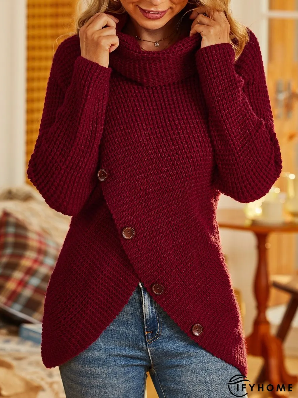 Solid Cowl Neck Long Sleeve Casual Sweater | IFYHOME