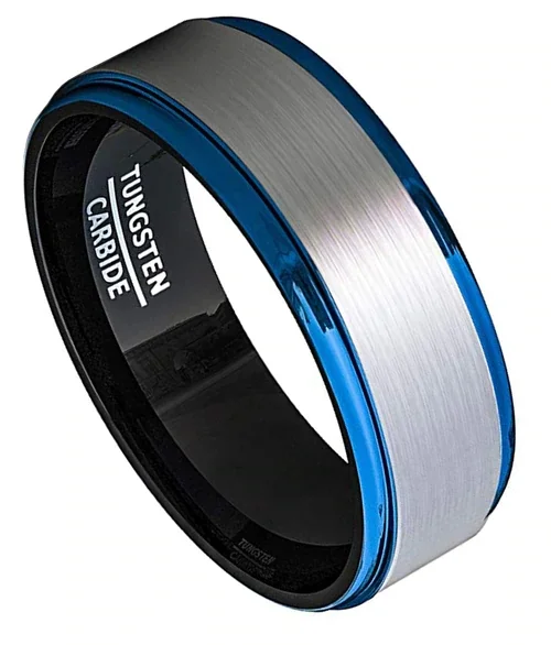 Women's Or Men’s Black and Silver Tungsten Carbide Wedding Band Rings With Blue Rim Stepped Edges Ring With Mens And Womens For Width 4MM 6MM 8MM 10MM