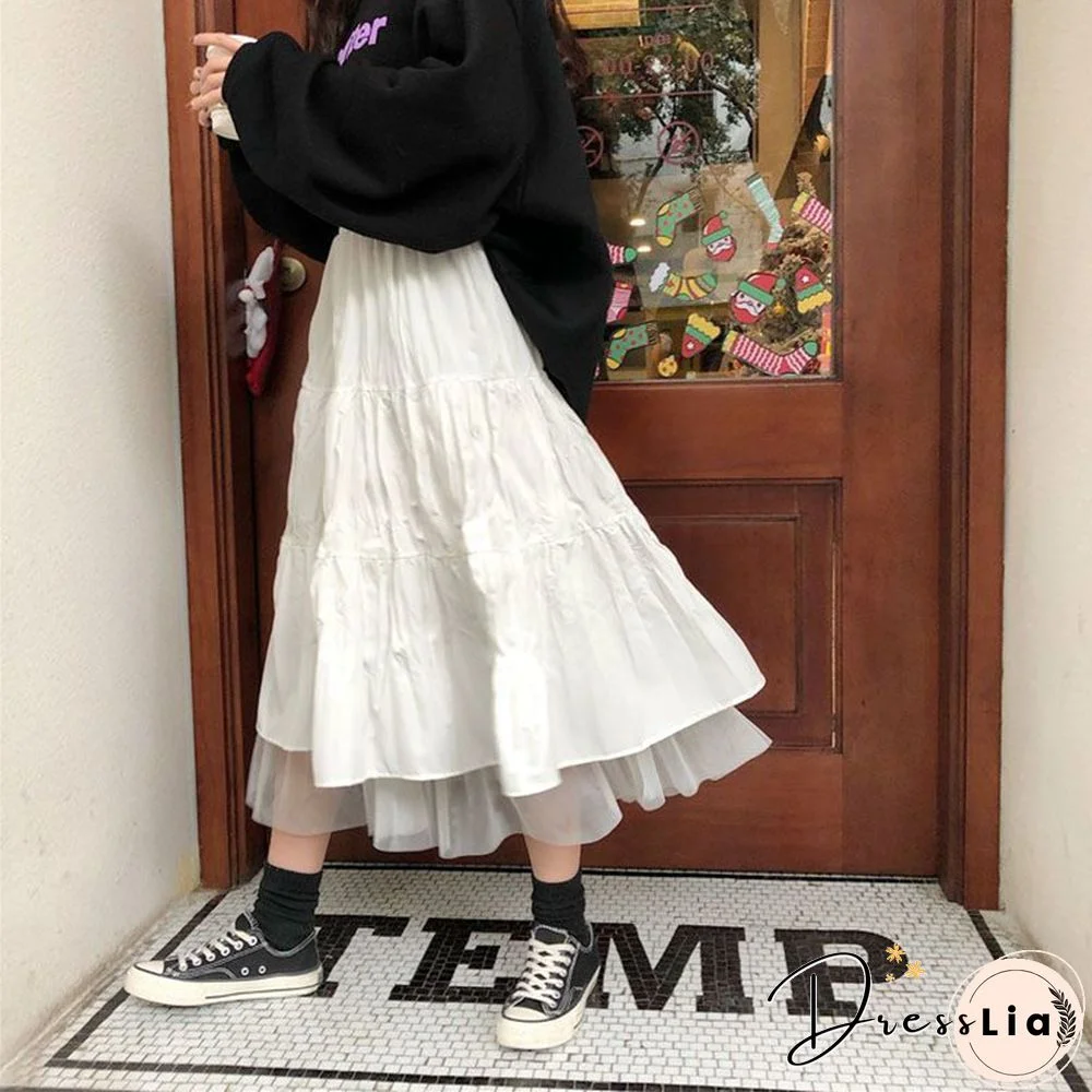 Long Tulle Midi Skirts Womens Autumn Elastic High Waist Mesh Tutu Pleated Skirts Female Black White Long Skirt Streetwear