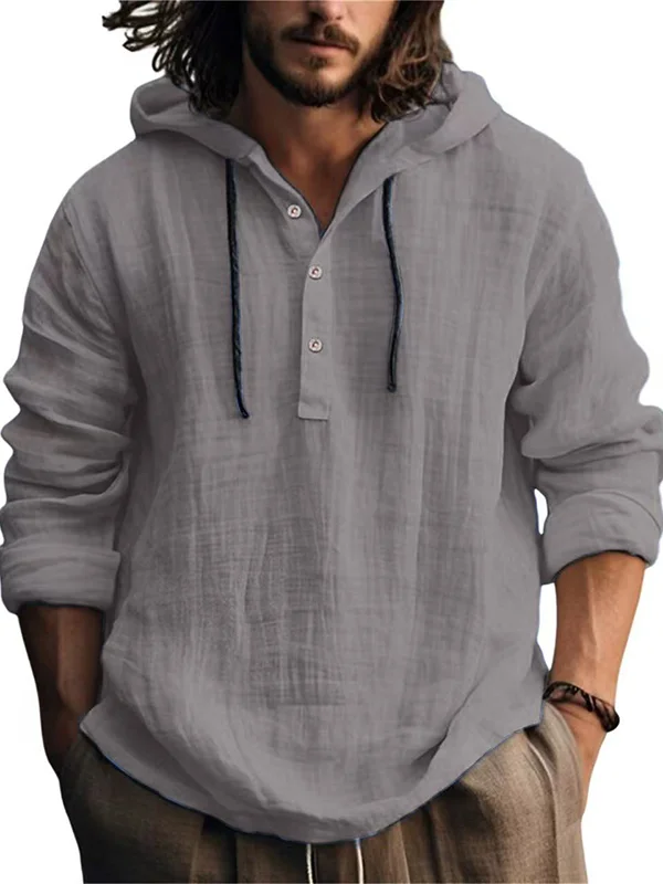 Men's Three Buttons Long Sleeve Cotton Linen Casual Hooded Shirt