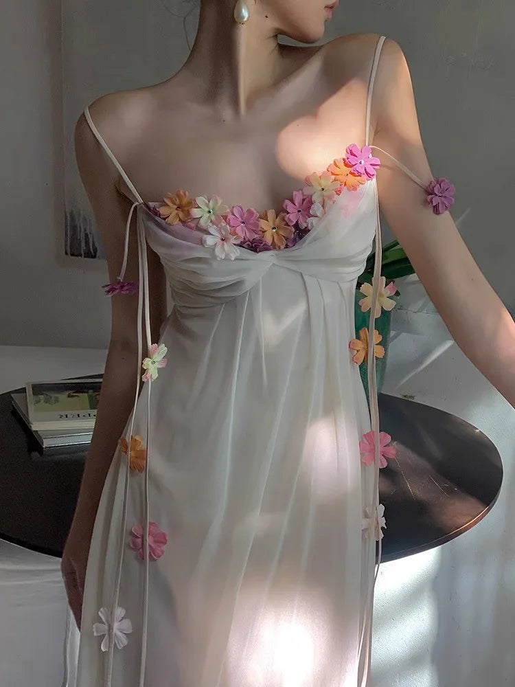 Aiertu Acetic Acid Suspender Jumpsuit For Women In Summer, High-End And Exquisite One Line Neckline Sleeveless Floral Dress In The Mist Aiertu