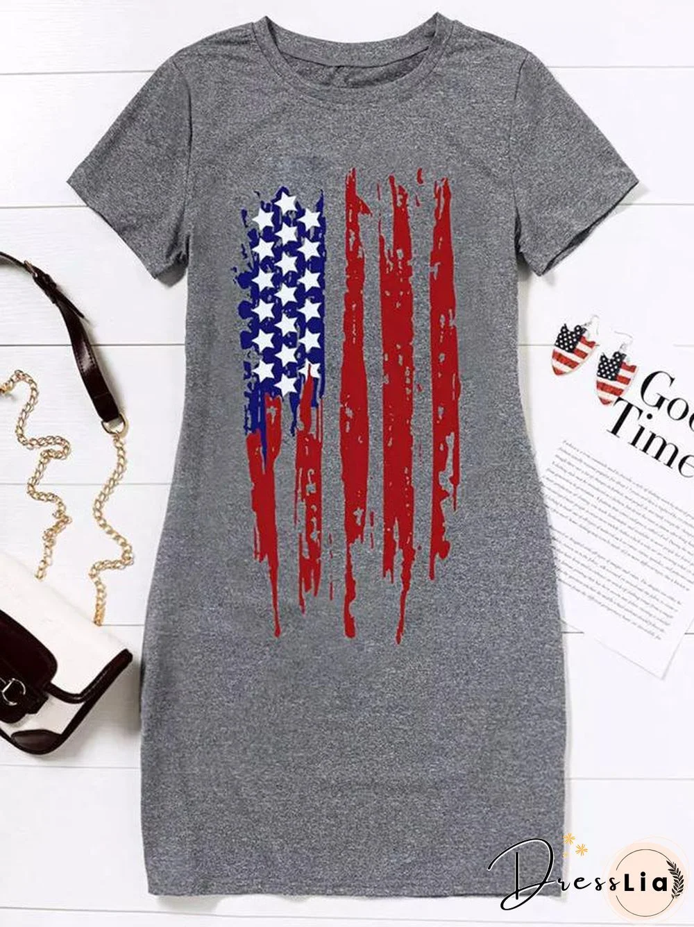 Round Neck Flag Printed Slim Dress