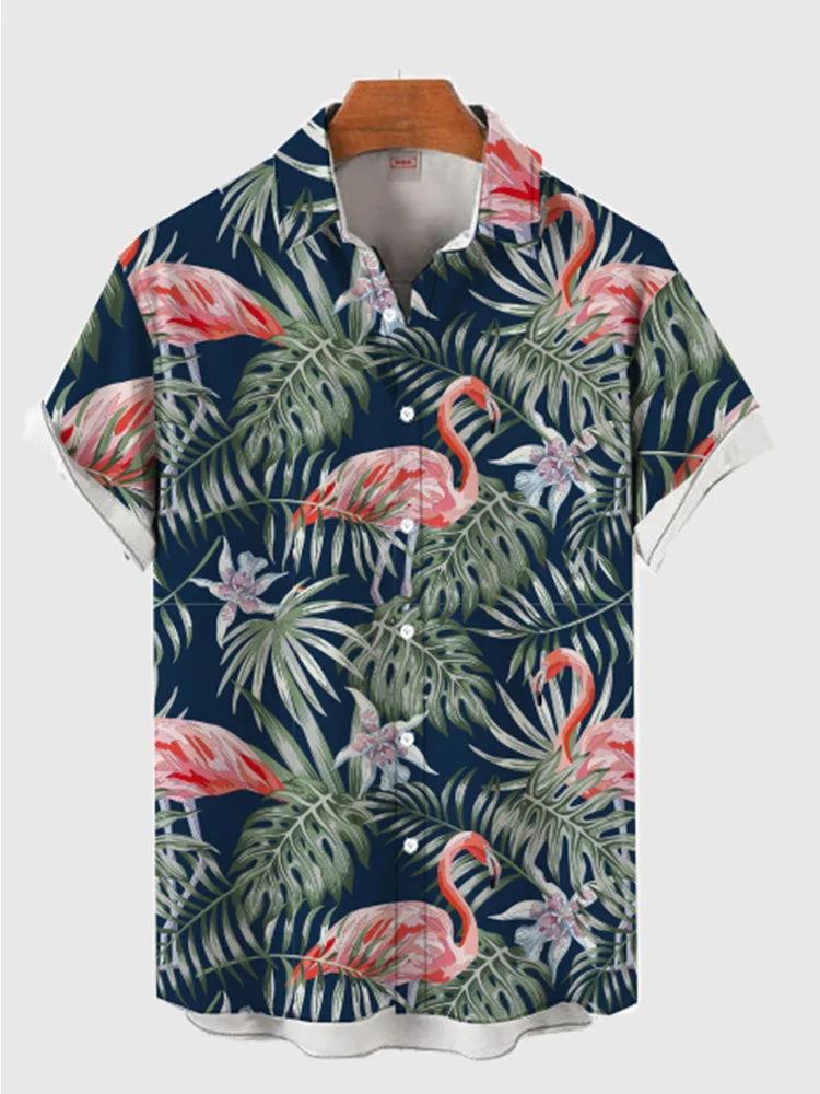 Full-Print Holiday Palm Leaves and Beautiful Flamingo Printing Men's Short Sleeve Shirt