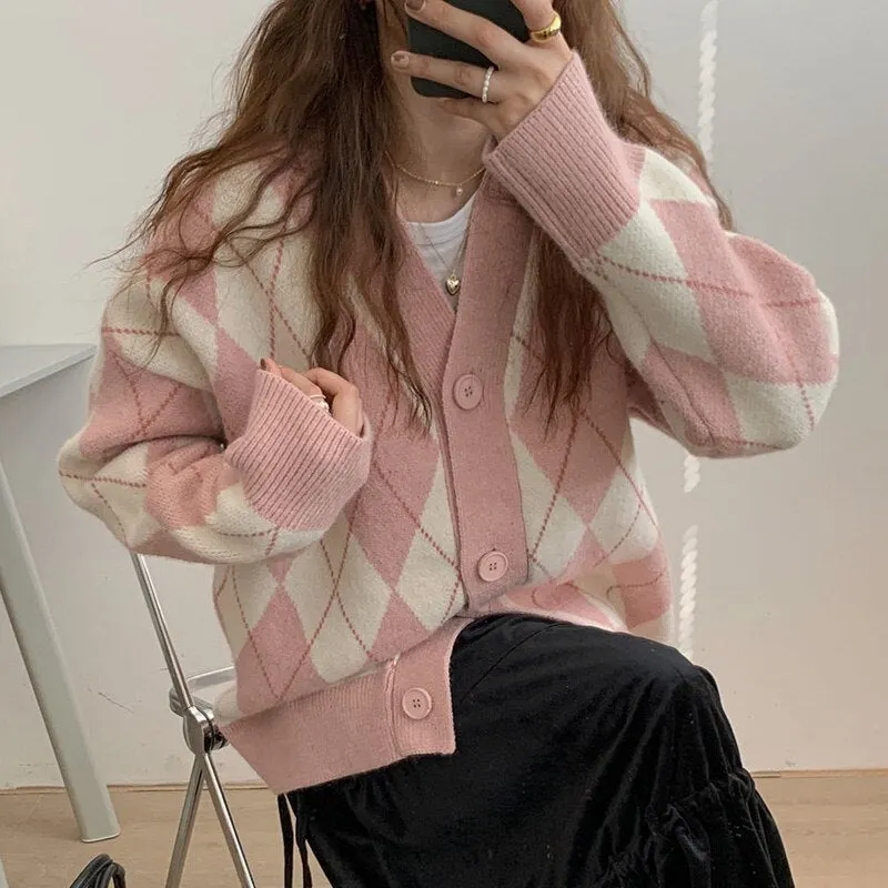 Korean Oversize Cardigan Tops Women Knitted Sweater Argyle Cardigan Loose Single Breasted Students V-neck Lovely Knitwear 17068