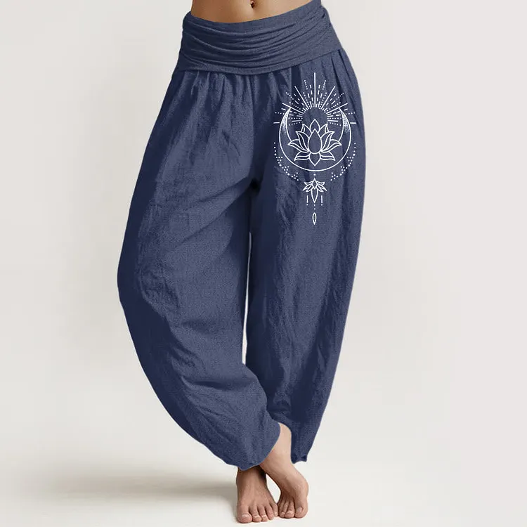 Cotton Concise Lotus Flower Pattern Women's Elastic Waist Harem Pants