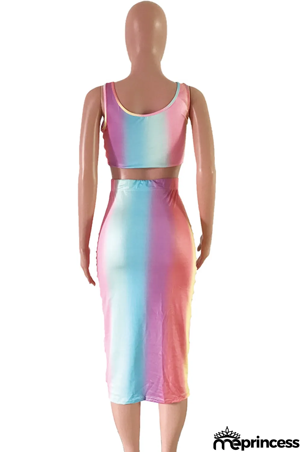 Ombre Sexy Fashion Tank Sleeveless O neck Step Skirt Mid-Calf hollow out Print Fluorescent hole backless