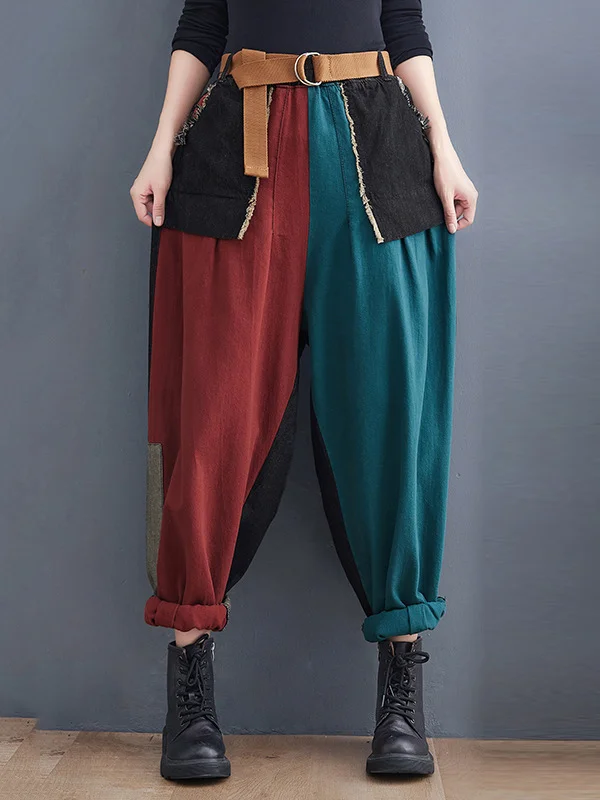 Casual Roomy Contrast Color Split-Joint Withbelted Jean Pants