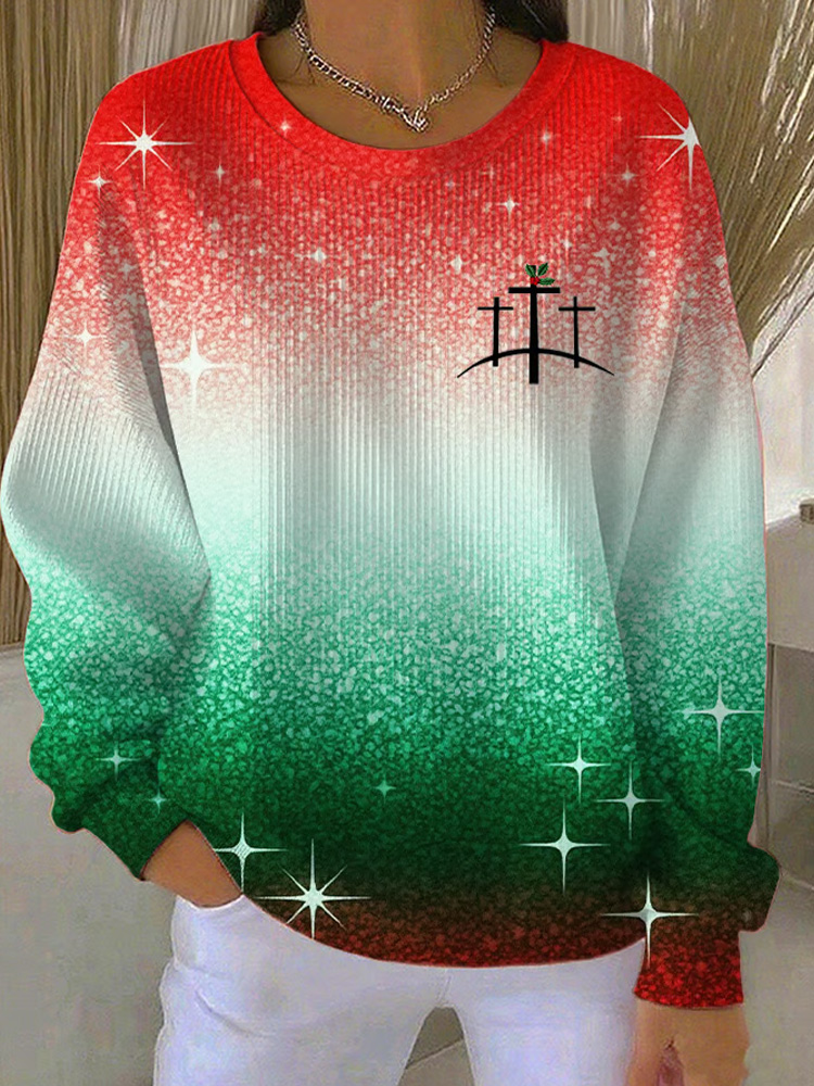 Women's Christmas-themed Knit Crew Neck Long-sleeve Top With Faith Print elevenforest
