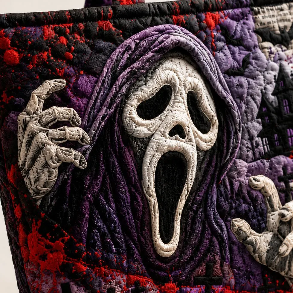 Close-up of printed horror tote bag artwork