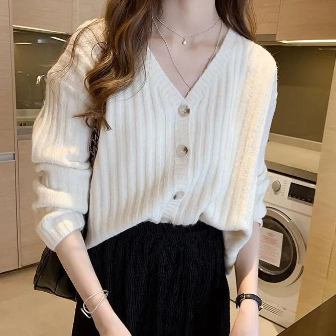 Women Cardigan Sweater Trendy Autumn Retro Long Sleeve Loose V-Neck Solid Simple Female Short Jumpers Ulzzang High Quality Chic