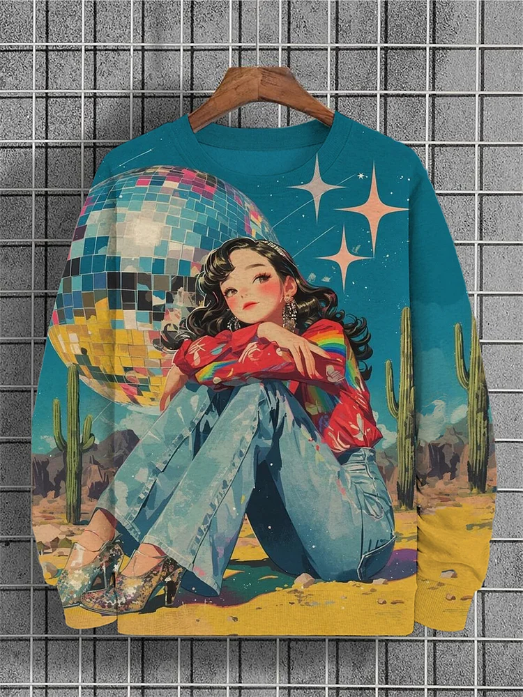 Men's Vintage 1990s Disco Cool Girl Print Casual Sweatshirt