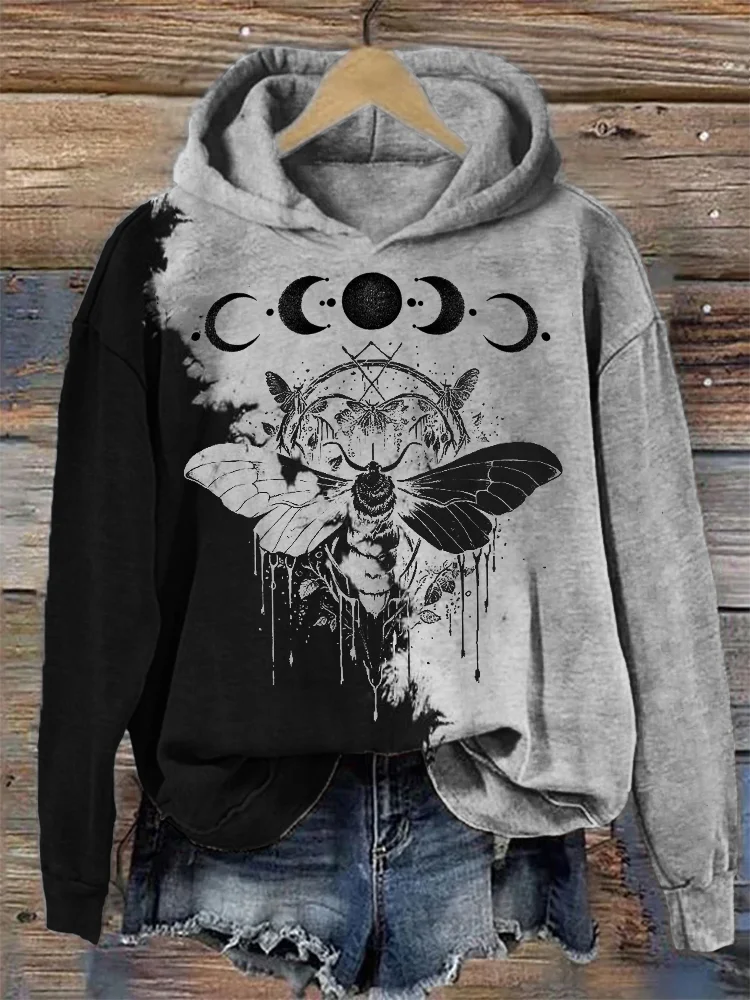 Moth Moon Phase Mystical Contrast Tie Dye Hoodie