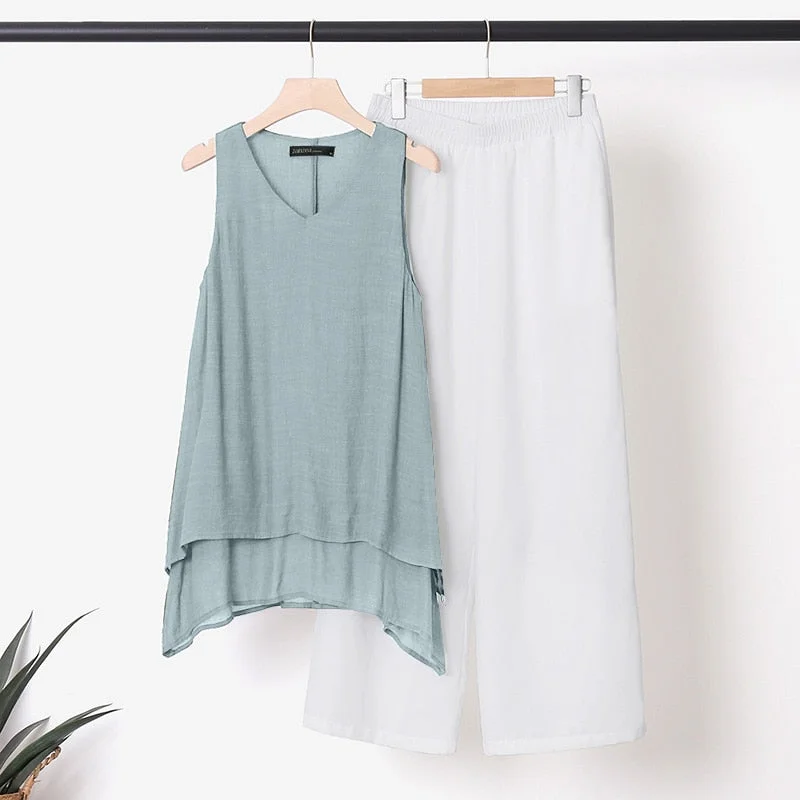 ZANZEA 2 Piece Sets Casual Loose Matching Sets Summer Urban Tracksuit Women Sleeveless Blouse Trousers Suits Wide Leg Pants Sets
