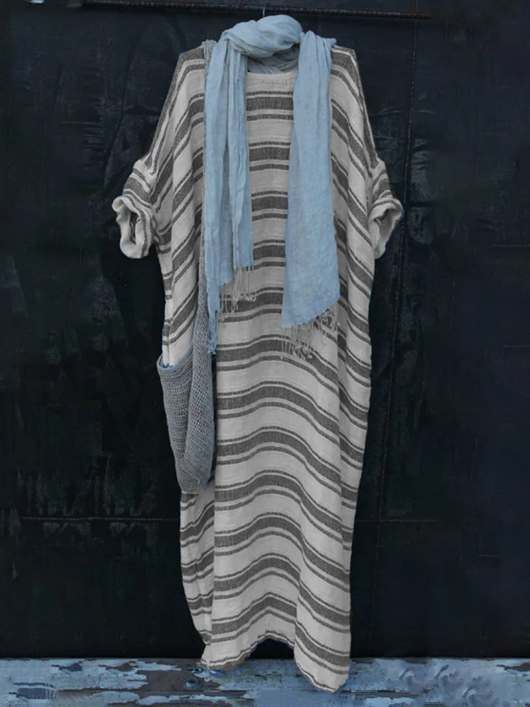 Retro striped casual loose cotton and linen dress