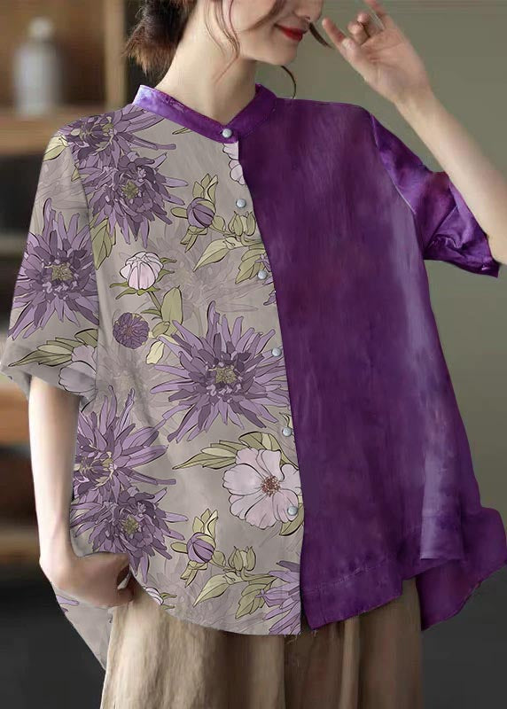 VCSHOES Purple flower Stand Collar Print Tops Half Sleeve