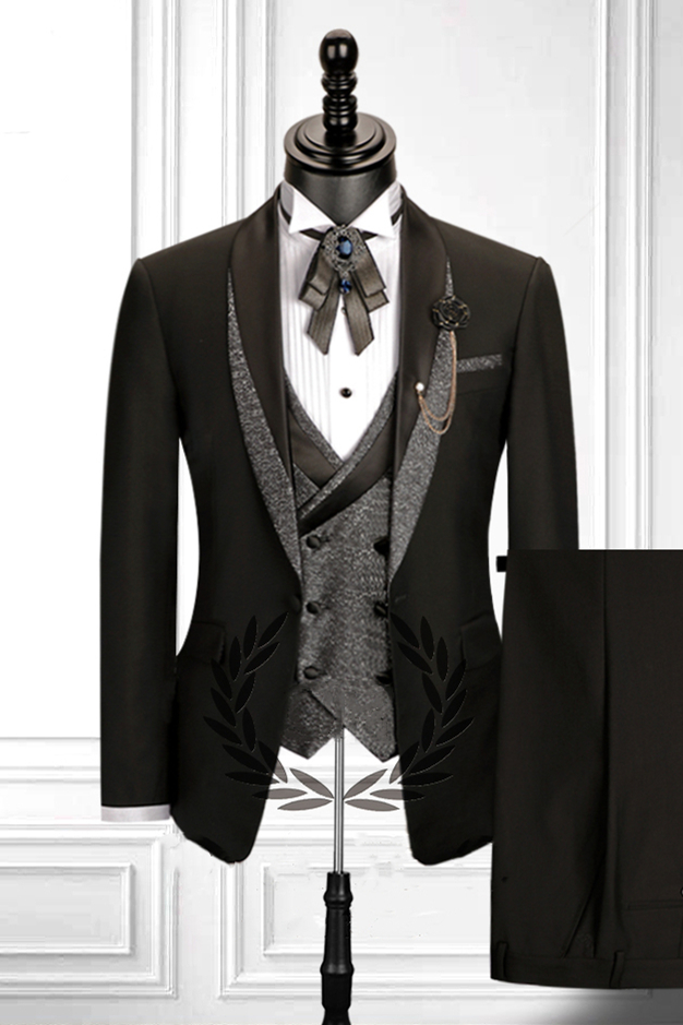 Bellasprom Shawl Lapel Black Three Piece Men's Suit with Double Breasted Waistcoat Bellasprom